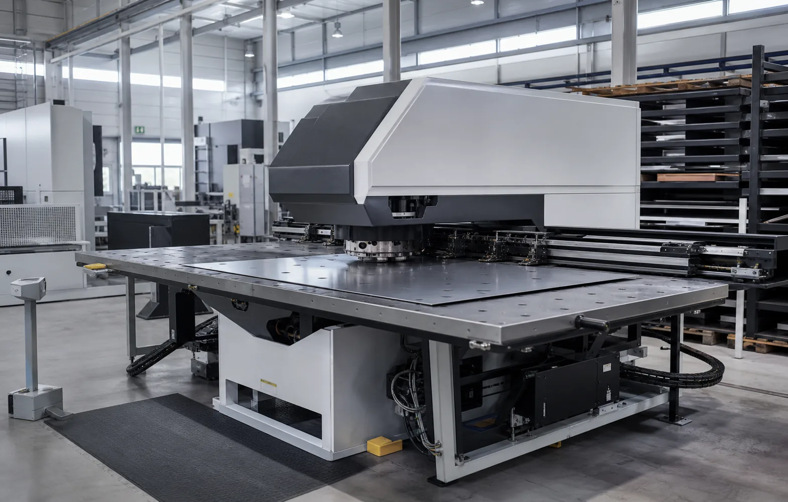CNC cutting bed prepared for repeatable sheet metal processing