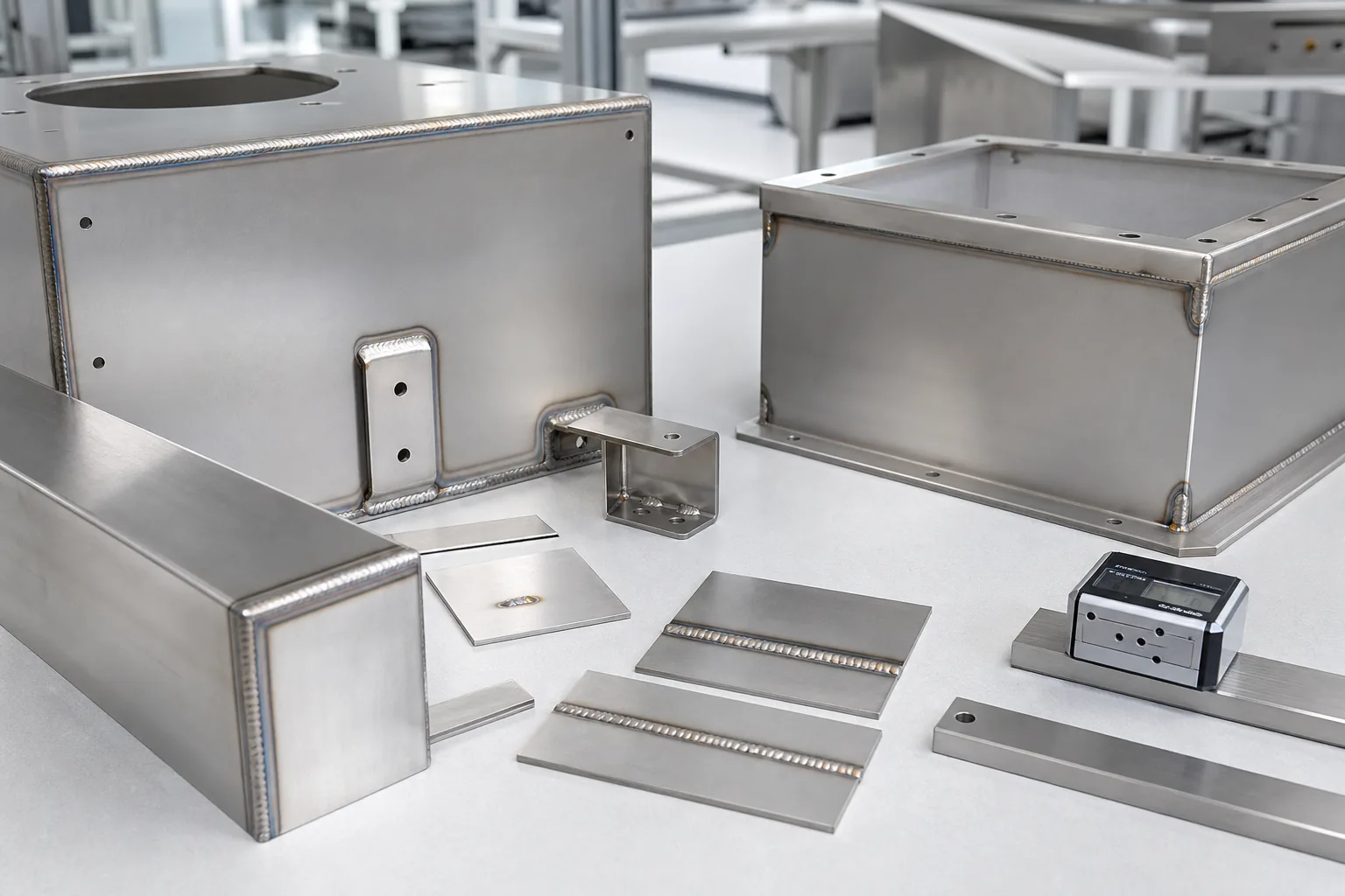 Representative stainless steel weld seams and fabricated enclosure corners