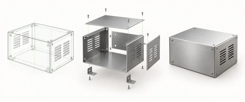 Illustrative sheet metal design: 3D model, exploded components and assembled enclosure